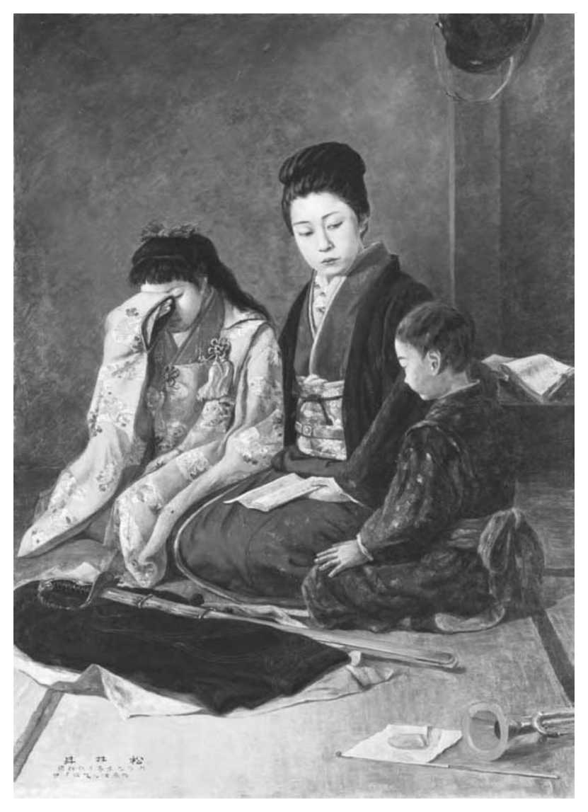 母亲与孩子得知丈夫／父亲在甲午战争中阵亡。松井昇绘，1898年。此类绘画传达了遗属的悲痛，但其表达方式又刻意凸显为国捐躯的崇高，并颂扬家属克制而坚忍的反应。耐人寻味的是，这幅画曾为宫内厅三之丸尚藏馆收藏，20世纪60年代被收入高中教科书后又引发家永三郎教科书诉讼中的长期争议。