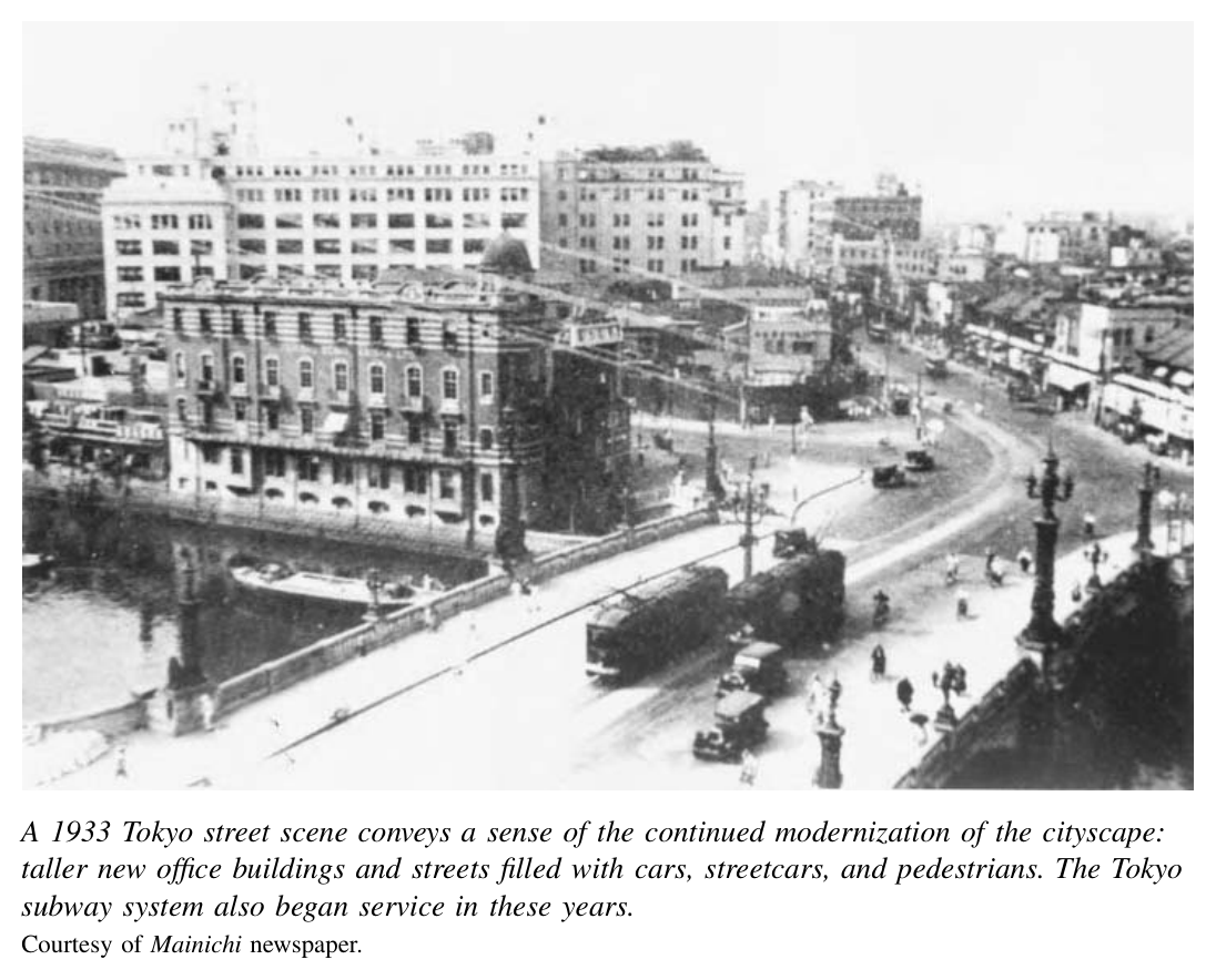 1933年的东京街景,传达出都市景观持续现代化的气息:更高的新式办公楼,街道上挤满了汽车、有轨电车……〔译注:原图注在此处已截断。〕