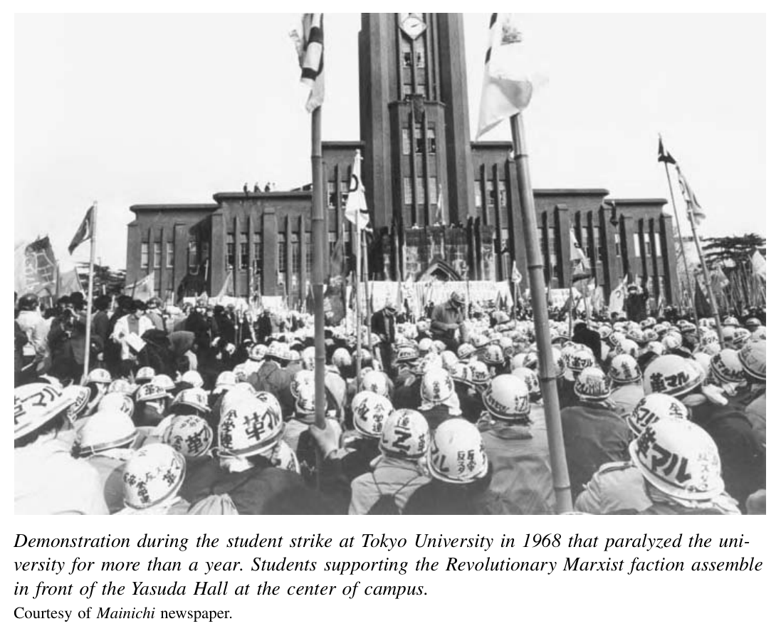 1968年东京大学学生罢课期间的示威，这场运动使东京大学瘫痪了一年多
